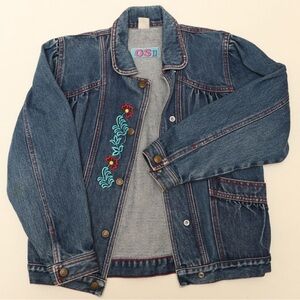 Women’s Small 100% Cotton Denim Jacket with Embroidered Floral & Puffed Sleeves